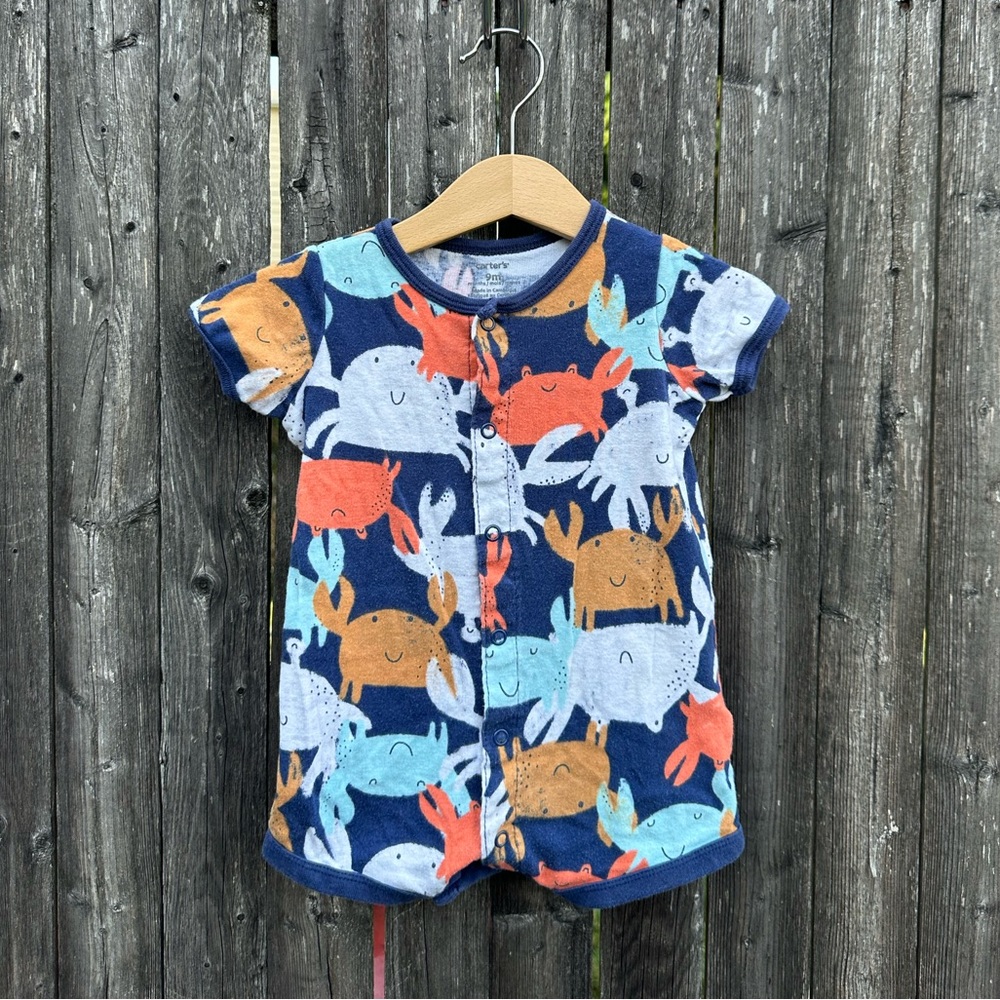 Carter’s Baby Crabs Snap Up Short Sleeve Romper in Navy/White - Size 9 Months